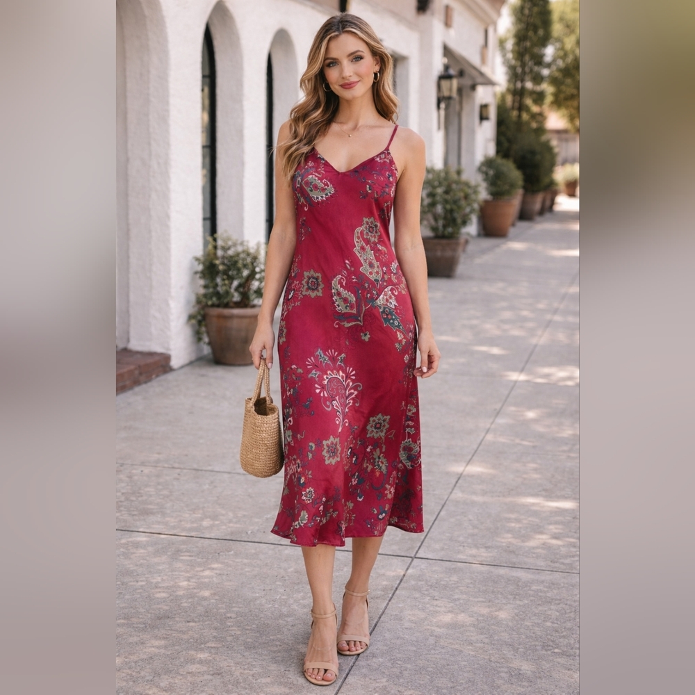 🌸 Natori Paisley Slip Midi Dress Size M • Silky Lounge Nightwear